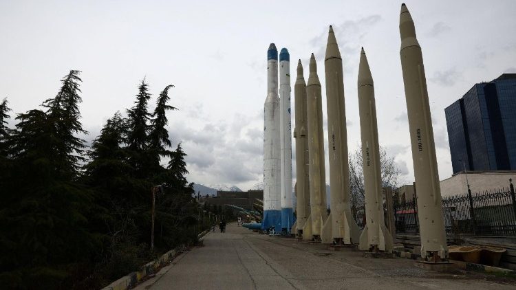 Iranian missiles are displayed in a park in Tehran