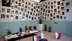 Pictures of the Minab School students who were killed in a strike, are displayed during a ceremony, in Tehran
