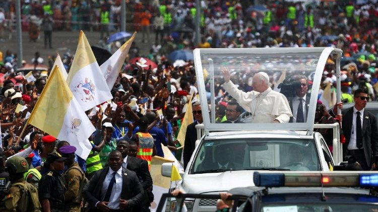 Pope Leo XIV arrives to hold a holy Mass near Japoma Stadium in Douala