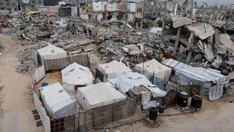 View of rubble of residential buildings destroyed during the two-year Israeli offensive in Khan Younis