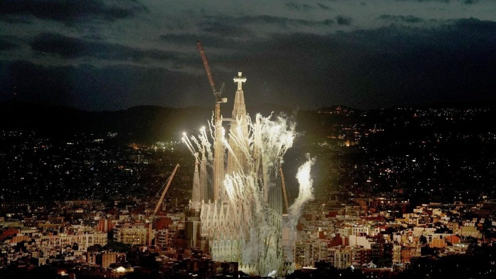 Fireworks explode during the inauguration of the Tower of Jesus Christ at the Basilica of the Sagrada Familia in Barcelona