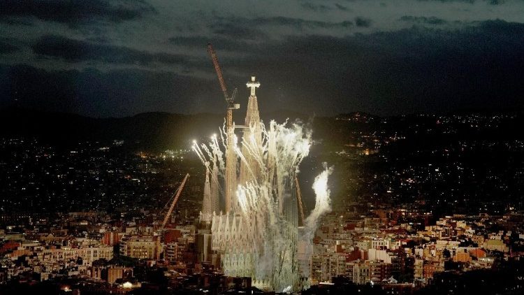 Fireworks explode during the inauguration of the Tower of Jesus Christ at the Basilica of the Sagrada Familia in Barcelona