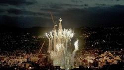 Fireworks explode during the inauguration of the Tower of Jesus Christ at the Basilica of the Sagrada Familia in Barcelona