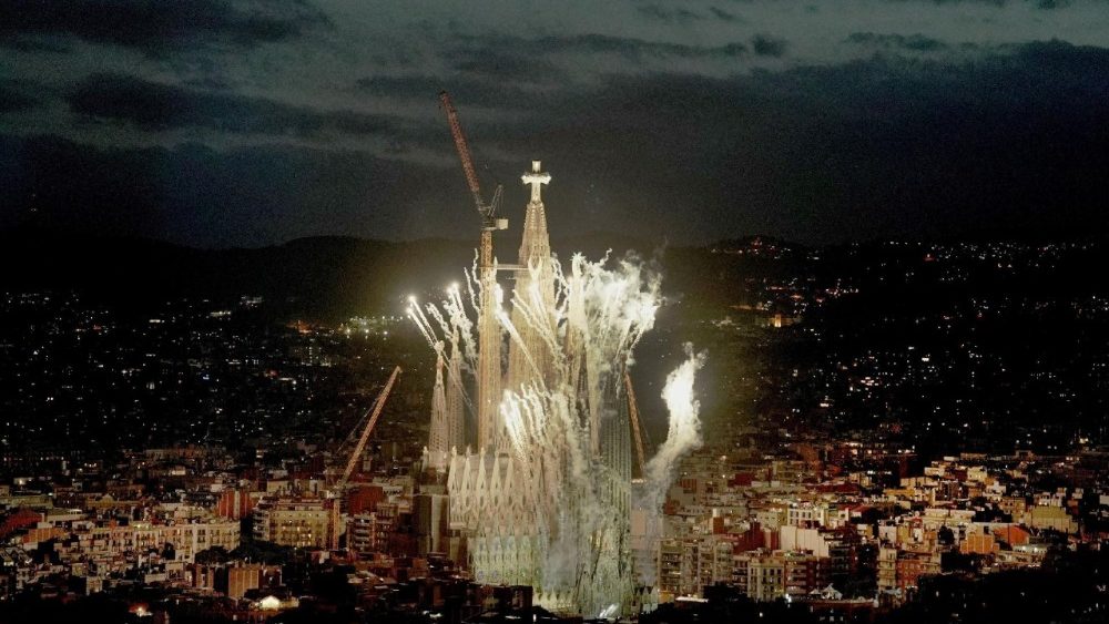 Fireworks explode during the inauguration of the Tower of Jesus Christ at the Basilica of the Sagrada Familia in Barcelona
