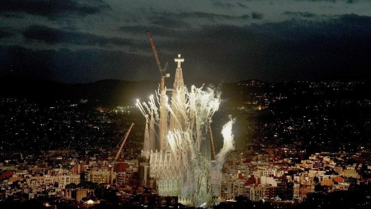 Fireworks explode during the inauguration of the Tower of Jesus Christ at the Basilica of the Sagrada Familia in Barcelona
