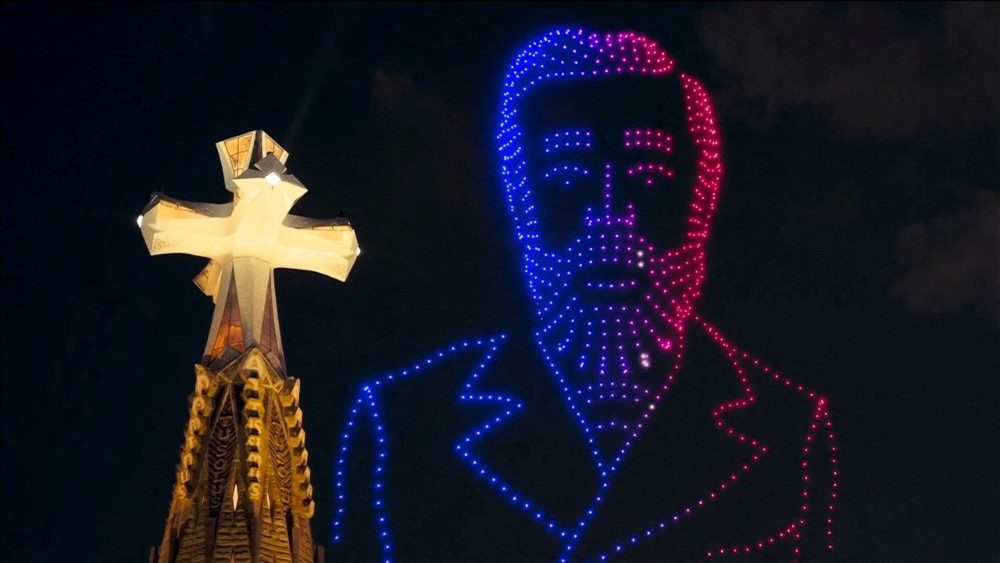 Drones form the face of Catalan architect Antoni Gaudi during the blessing and inauguration of the Tower of Jesus Christ at the Basilica of the Sagrada Familia during Pope Leo XIV's apostolic journey in Barcelona