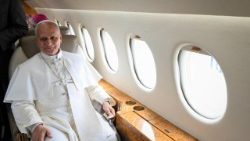 Pope Leo XIV sits on board a Spanish Air Force plane that was offered by Spain's King Felipe VI, at Tenerife Norte–Ciudad de La Laguna Airport