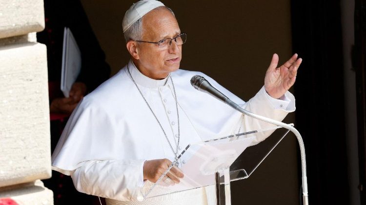 Pope Leo leads the Angelus prayer in Piazza della Liberta in Castel Gandolfo