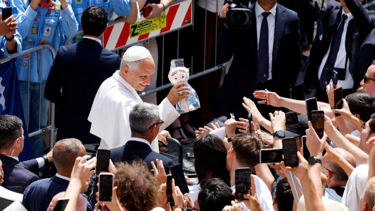Pope Leo leads the Angelus prayer in Piazza della Liberta in Castel Gandolfo