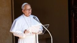 Papež Leon XIV. je vodil opoldansko molitev Angel Gospodov na 20. nedeljo med letom na trgu pred vhodom v apostolsko palačo v Castel Gandolfu.