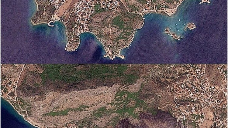 A combination of satellite images shows Greece's Salamina island before and after the recent wildfires