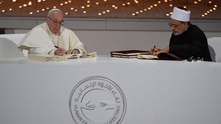 Pope Francis signed the Document on Human Fraternity with Grand Imam Ahmed Al-Tayyeb in Abu Dhabi on February 4, 2019