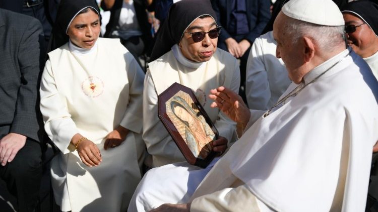 Pope Francis blesses an image of Our Lady of Guadalupe at the General Audience on September 27, 2023