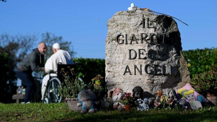 The stone with the inscription "Garden of Angels" in the Laurentino Cemetery whehe Pope Francis laid flowers on All Souls' Day