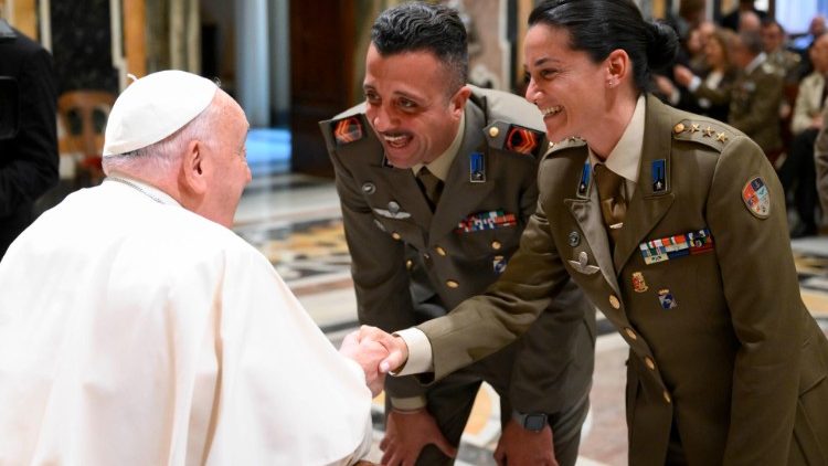 Pope Francis meeting the militaries of the Transport and Material Corps of the Italian Army in the Clementine Hall