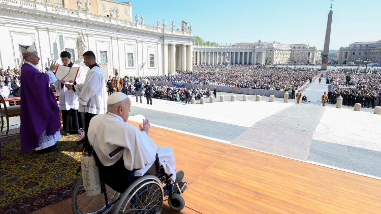 Photo of Pope Francis greeting and blessing those present at conclusion of Jubilee Mass for the Sick and Healthcare Workers on Sunday, 6 April 2025