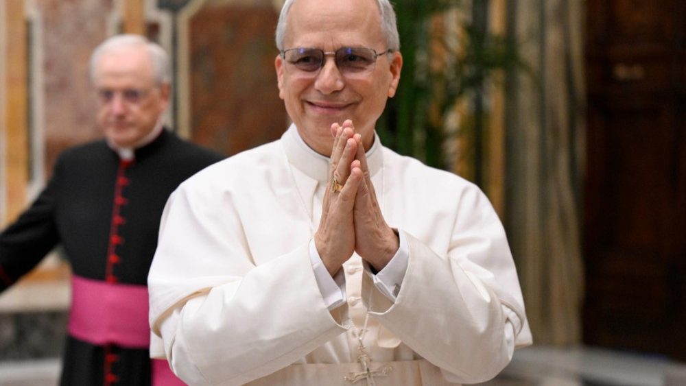 La papa Leon al XIV-lea, un grup de pelerini din institutul Frații Școlilor Creștine