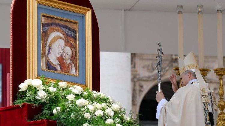 Pope Leo XIV blesses the image of Our Lady of Good Counsel at the end of Mass on Sunday, May 18