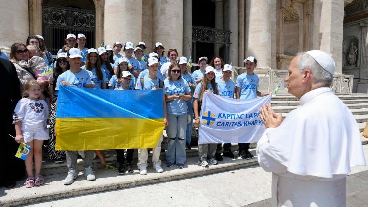 Pope Leo greets young people from Kharkiv, Ukraine, at the General Audience on June 11, 2025