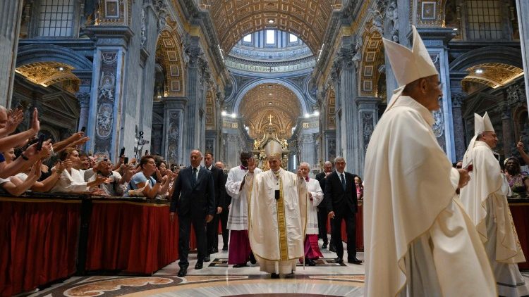 Pope Leo XIV greeting pilgrims and athletes in St. Peter's Basilica for the Jubilee of Sport Mass