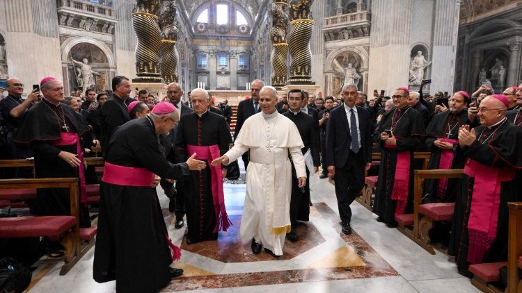 Pope Leo XIV with Bishops during their Jubilee pilgrimage to St Peter's Basilica