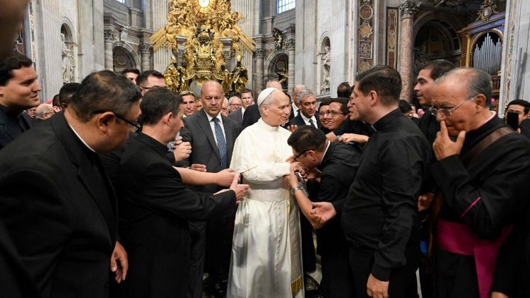 Pope Leo greets Bishops following his Meditation for the Jubilee of Bishops