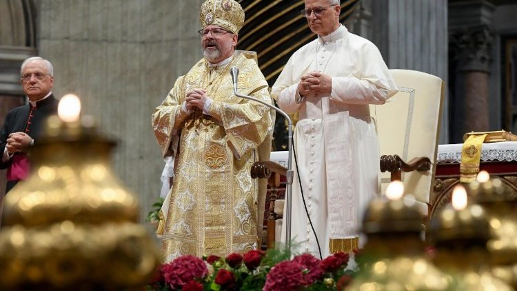 Papież Leon XIV i abp Światosław Szewczuk podczas Jubileuszu Ukraińskiego Kościoła Greckokatolickiego w Watykanie 28.06.2025 
