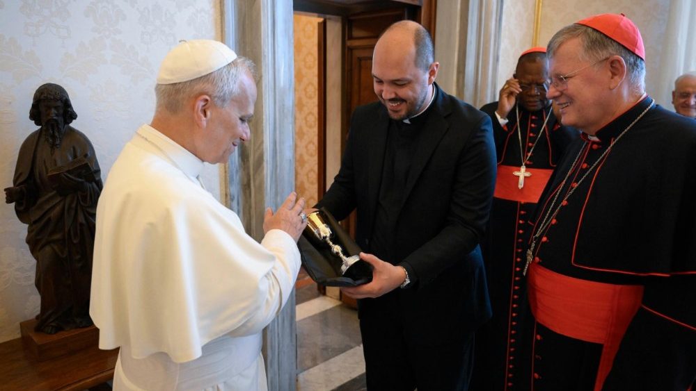 La Leon al XIV-lea, cardinalii Jaime Spengler, Filipe Neri Antonio Sebastiao do Rosario Ferrao, Fridolin Ambongo Besungu, alături de monseniorii Lizardo Estrada Herrera și Josef Sayer. 