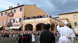 Pope Leo XIV greetings the crowds in Castel Gandolfo following the Angelus