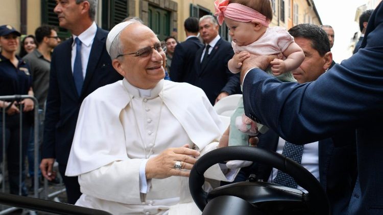 Pope Leo XIV greeting the crowds as he went from Villa Barberini to Piazza della Libertà in Castel Gandolfo