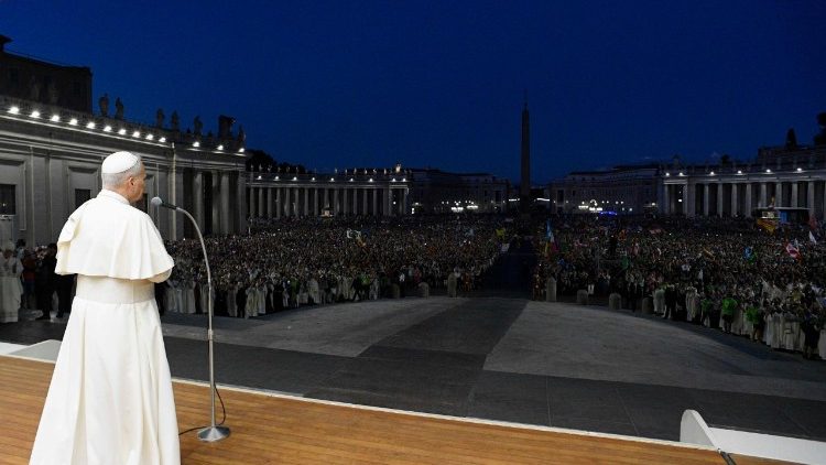 Pope Leo addresses the young pilgrims in St Peter's Square
