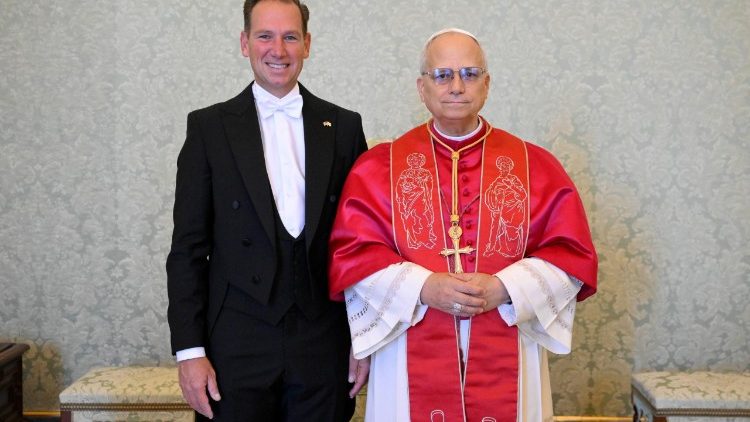The new US Ambassador to the Holy See, Brian Francis Burch, with Pope Leo XIV on Saturday morning
