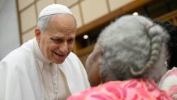 El Papa León XIV saluda a una persona mayor antes de la Audiencia General del miércoles 24 de septiembre de 2025.