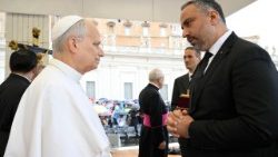 Maher Nicola Canawati, Mayor of Bethlehem, greets Pope Leo XIV after General Audience in St Peter's Square