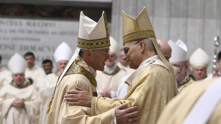 Pope Leo greets Archbishop Mirosław Wachowski following his episcopal ordination