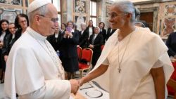 येसु और मरियम को समर्पित धर्मसंघ (जीजस एंड मेरी) तथा संत चार्ल्स बोरोमियो की मिशनरी धर्मबहनों (स्कालाब्रिनियन) के धर्मसंघ की धर्मसंबहनें पोप लियो 14वें से मुलाकात करते हुए