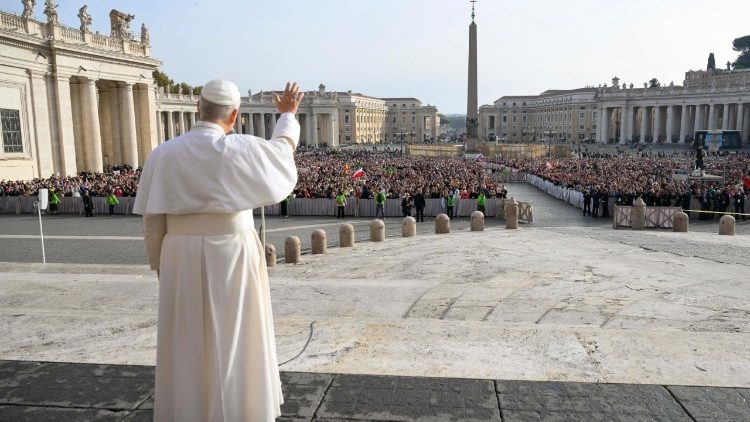 Pope Leo greets the faithful gathered in St. Peter's Square ahead of the Mass