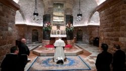 Pope Leo XIV praying at the tomb of Saint Francis