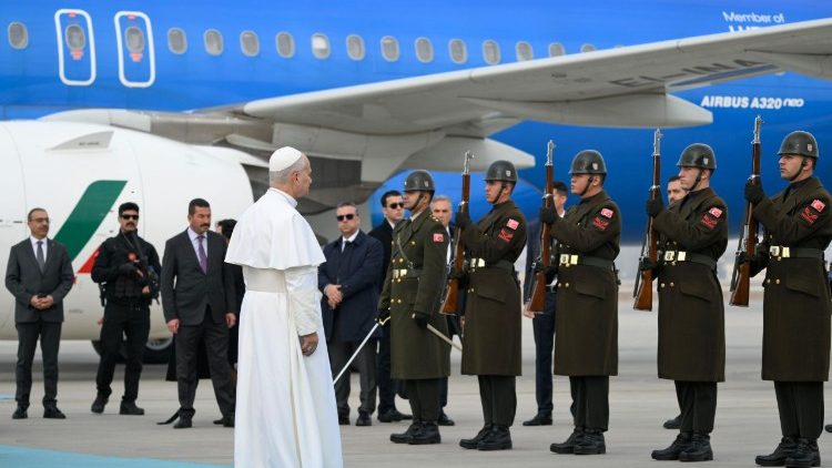 The Pope was greeted by an official welcome ceremony