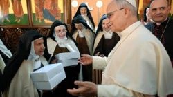 Pope Leo XIV greets the Carmelite Sisters in Harissa
