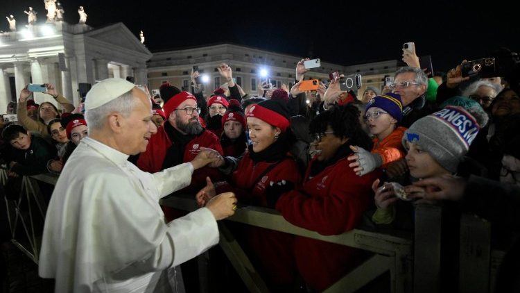 Pope Leo greets some of the faithful in St Peter's Square