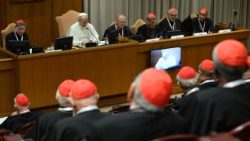 Leon al XIV-lea și participanți la consistoriul extraordinar din 7-8 ianuarie 2026 în Aula Nouă a Sinodului din Cetatea Vaticanului