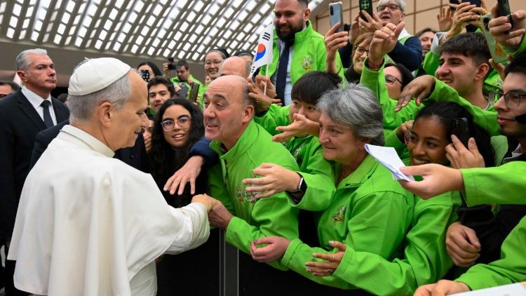 Pope Leo greets some of the Jubilee volunteers and collaborators