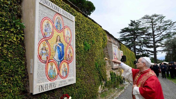 Pope Leo XIV blesses the mosaic of the Blessed Virgin Mary installed in the Vatican Gardens