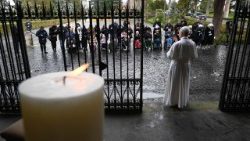 Pope Leo blesses sick people at the Lourdes Grotto in the Vatican Gardens