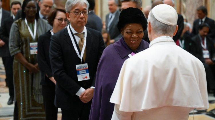 Pope Leo XIV greets participants in the Plenary of the Pontifical Academy for Life in February 2026.