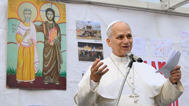 Pope Leo greets children at the Transfiguration of the Lord parish on Sunday