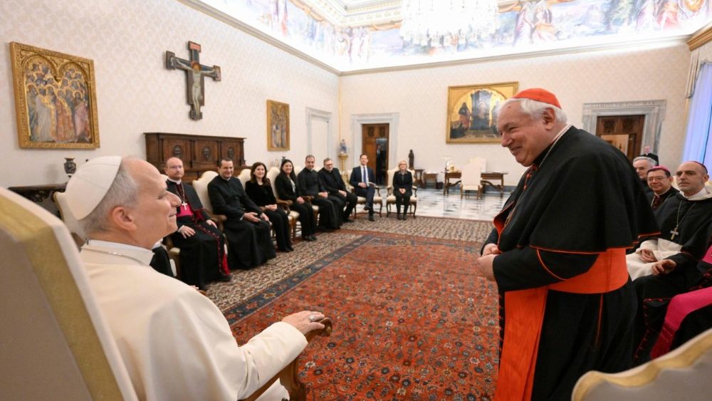 La délégation du COMED, la coordination ecclésiale de la Méditerranée, reçue par le Pape Léon XIV dans la bibliothèque du Palais apostolique, le 12 mars 2026.