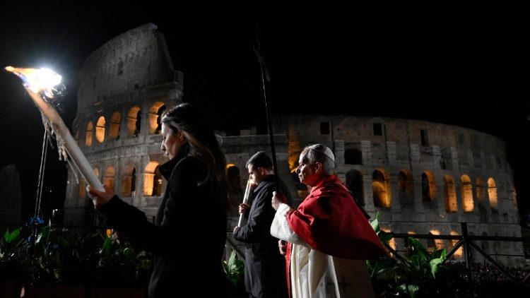 Pope Leo during the Way of the Cross at the Colosseum
