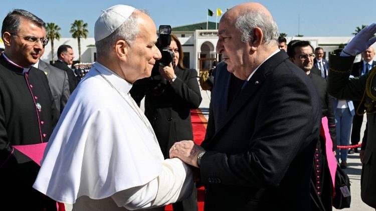 Pope Leo XIV shakes hands with President Abdelmadjid Tebboune